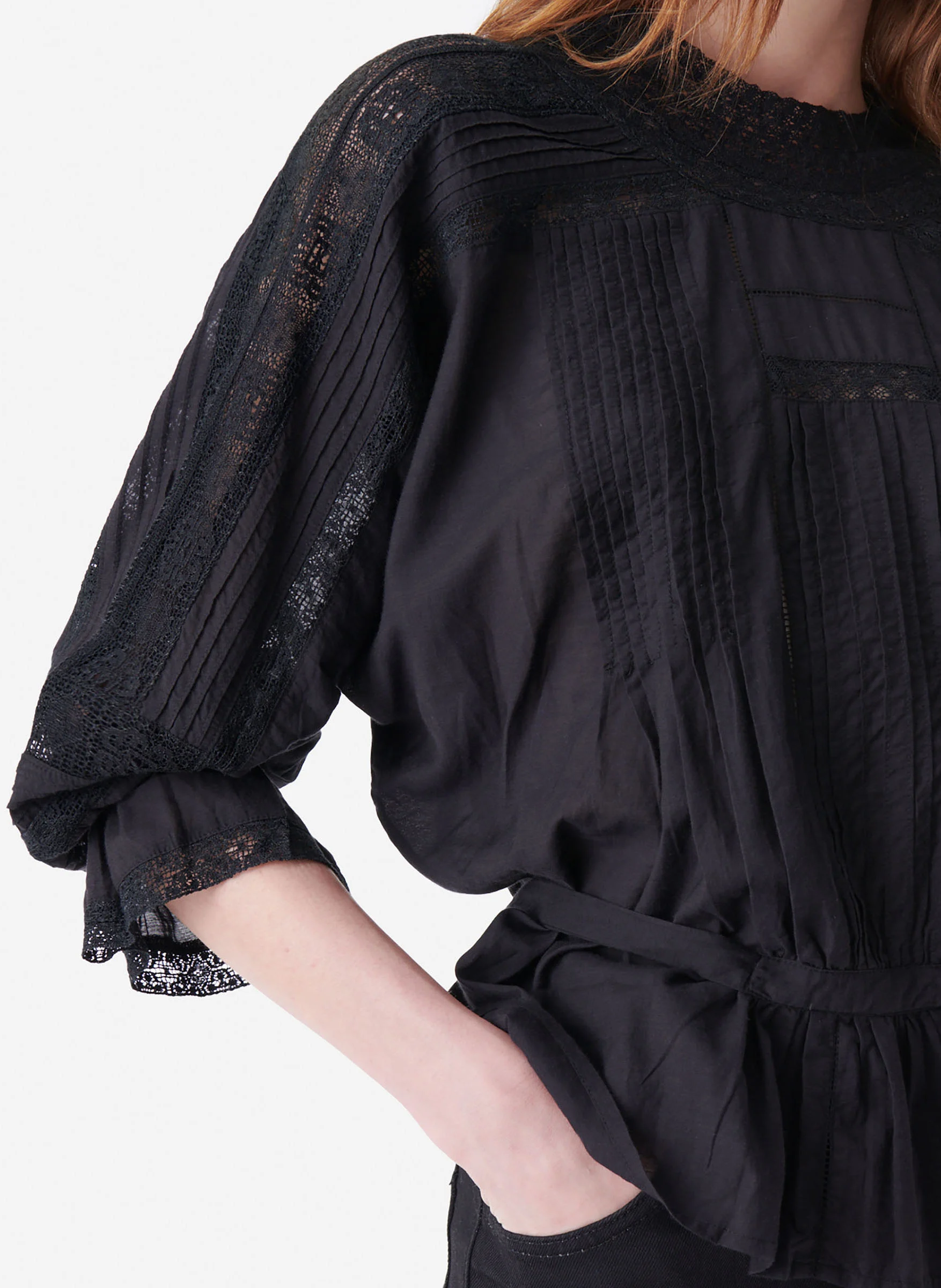 VIVA - Blouse col rond en dentelle et coton mélangé| Noir