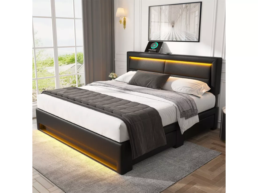 Lit rembourré 160x200 cm, avec port USB, éclairage LED, 4 tiroirs, sans matelas, PU, noir