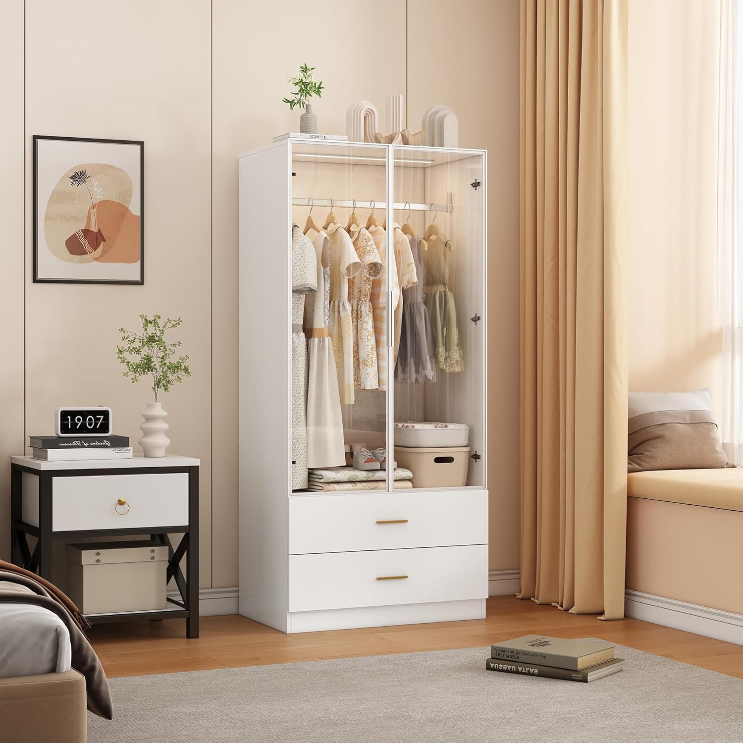 Kleiderschrank mit LED-Beleuchtung,Vielseitiger Drehtürenschrank mit 2 Türen aus gehärtetem Glas,Glasschrank mit Kleiderstange,Wardrobe closet mit 2 Schubladen,Schrank Mehrzweckschrank (Weiß-1)