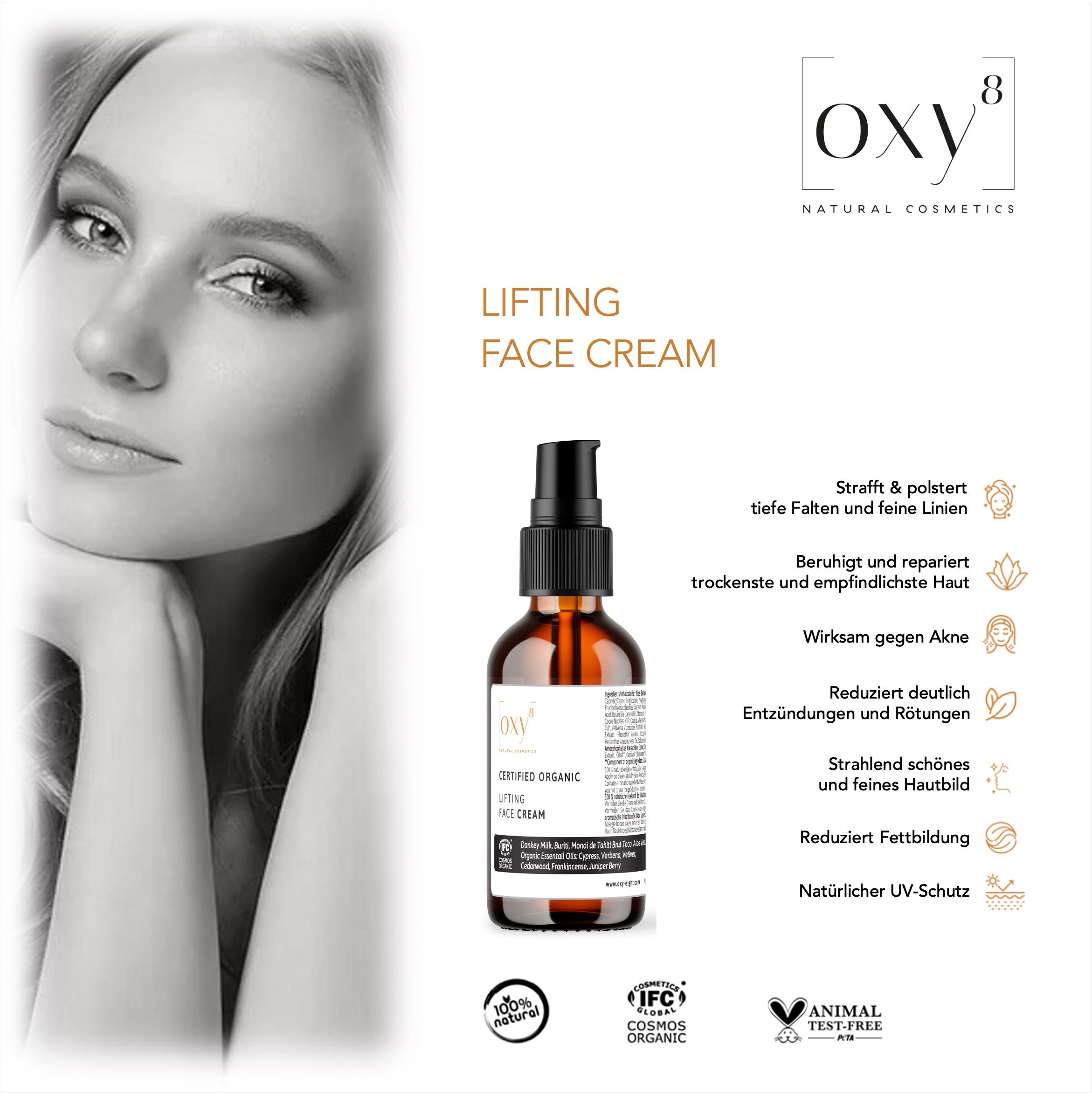 oxy8 Naturkosmetik LIFTING FACE CREAM - Anti Aging. Beruhigt empfindlichste & trockenste Haut.