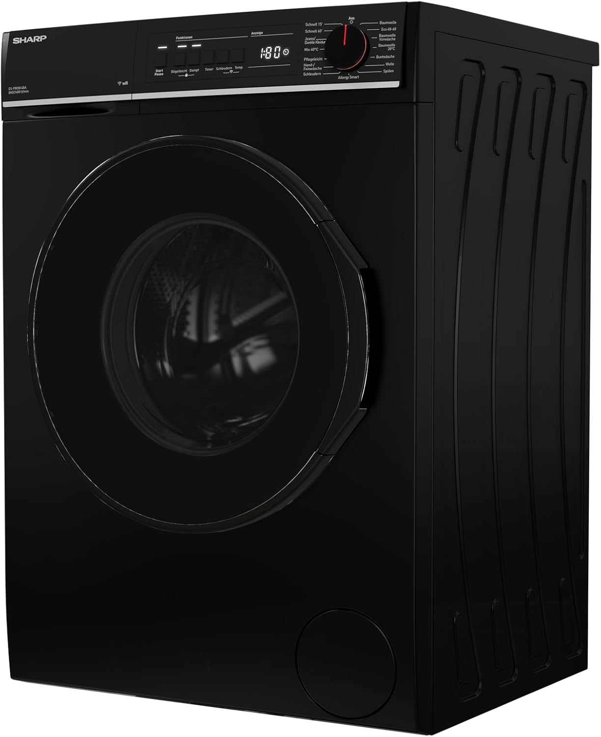 SHARP ES-PRO814BA-DE Waschmaschine Frontlader, 8kg, 1400U/min, Smarte Bedienung durch Veezy App, Dampffunktion, Inverter, 15 Programme, AquaStop, Schwarz