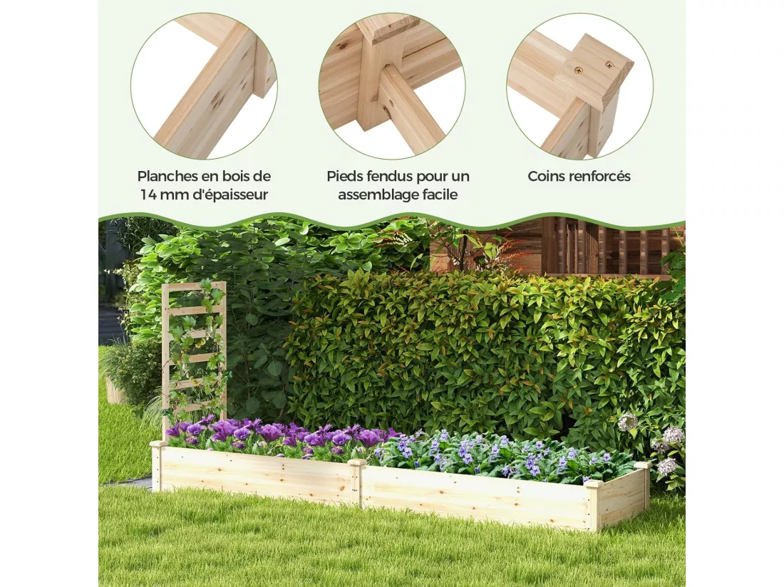 Jardinière avec Treillis en Bois avec Base Ouverte, 2 Bacs à Fleurs Extérieur pour Plante Grimpante, Lit de Jardin Surélevée Résistance à la Pourriture, 235 x 63 x 102 cm