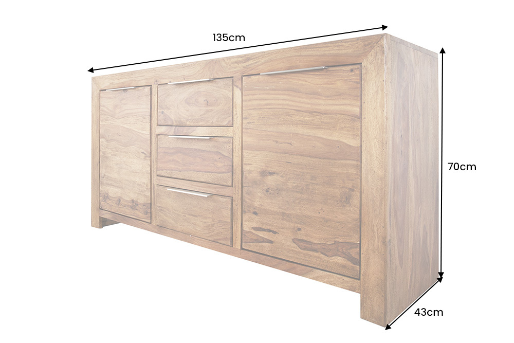 Massivholz Sideboard PURE 135cm braun Sheesham stone finish Kommode mit Schubladen