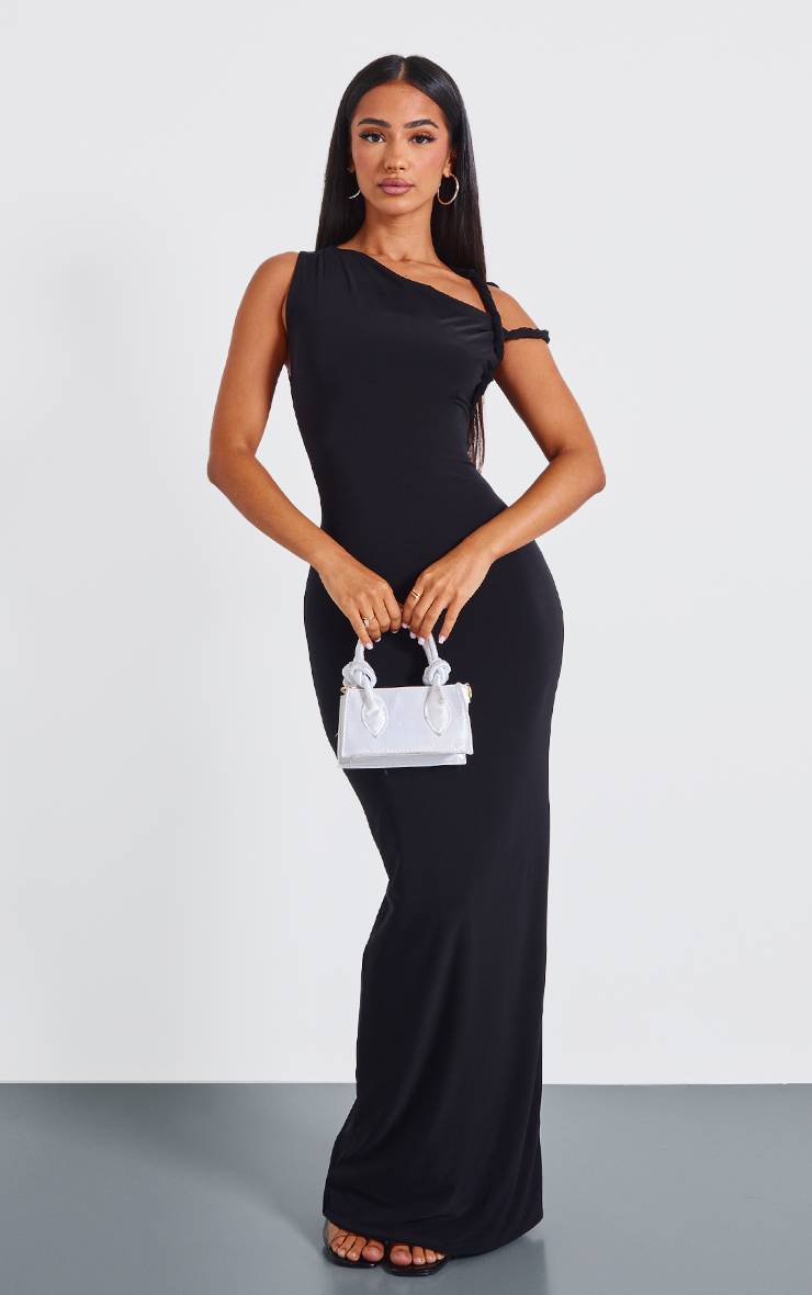 Noir Robe Maxi Moulante Petite Avec Détail Torsadé Aux Épaules