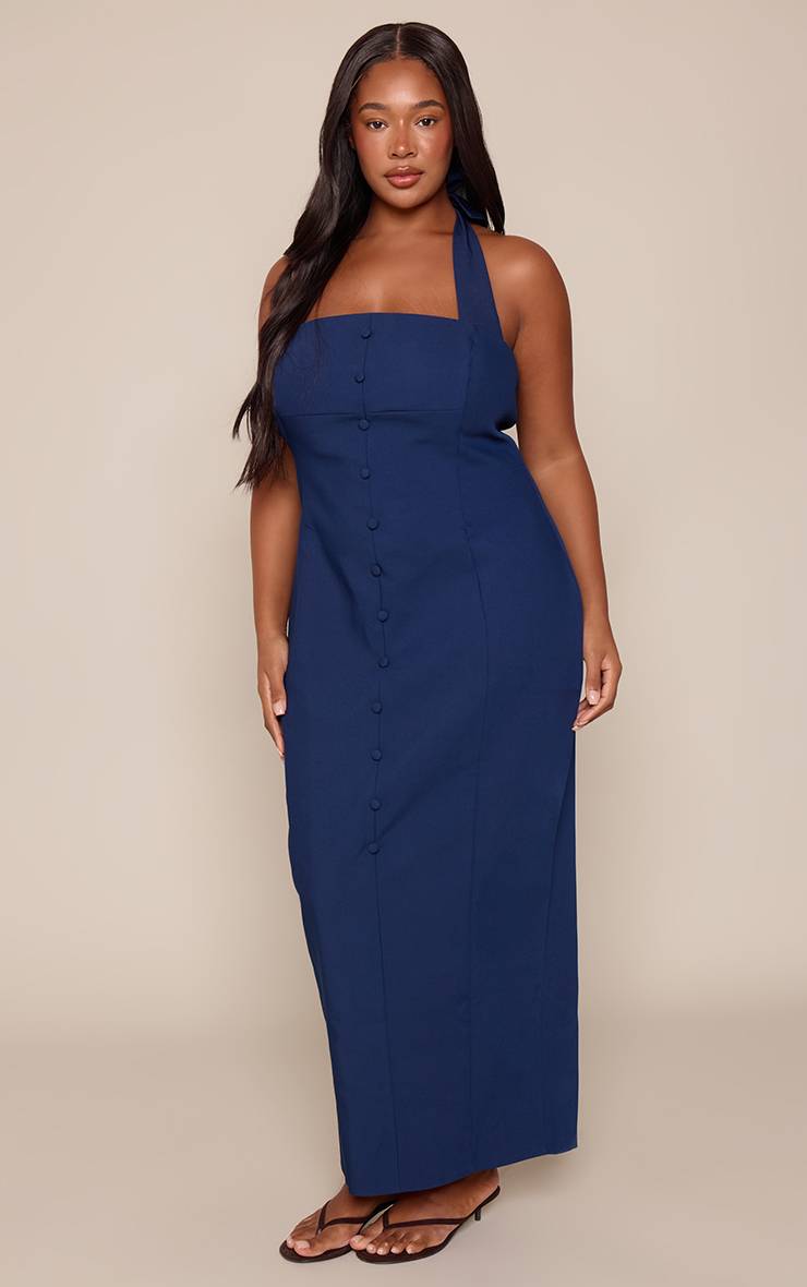 Bleu Marine Robe Longue Grande Taille Tissée À Col Licou Avec Boutons