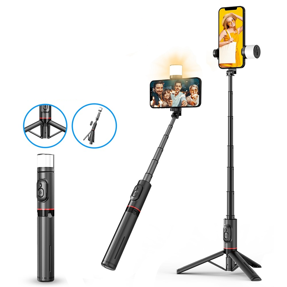 (75cm) Selfie Stick Tripod Dreibein Stativ Halterung mit LED Beleuchtung   Bluetooth Fernauslöser für Smartphone - Schwarz