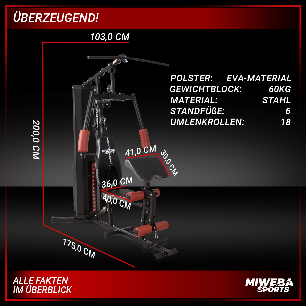 Miweba Sports 50in1-Kraftstation MK500 Pro, Fitnessstation mit ca. 60 kg Seilzug, Butterfly, Zugturm