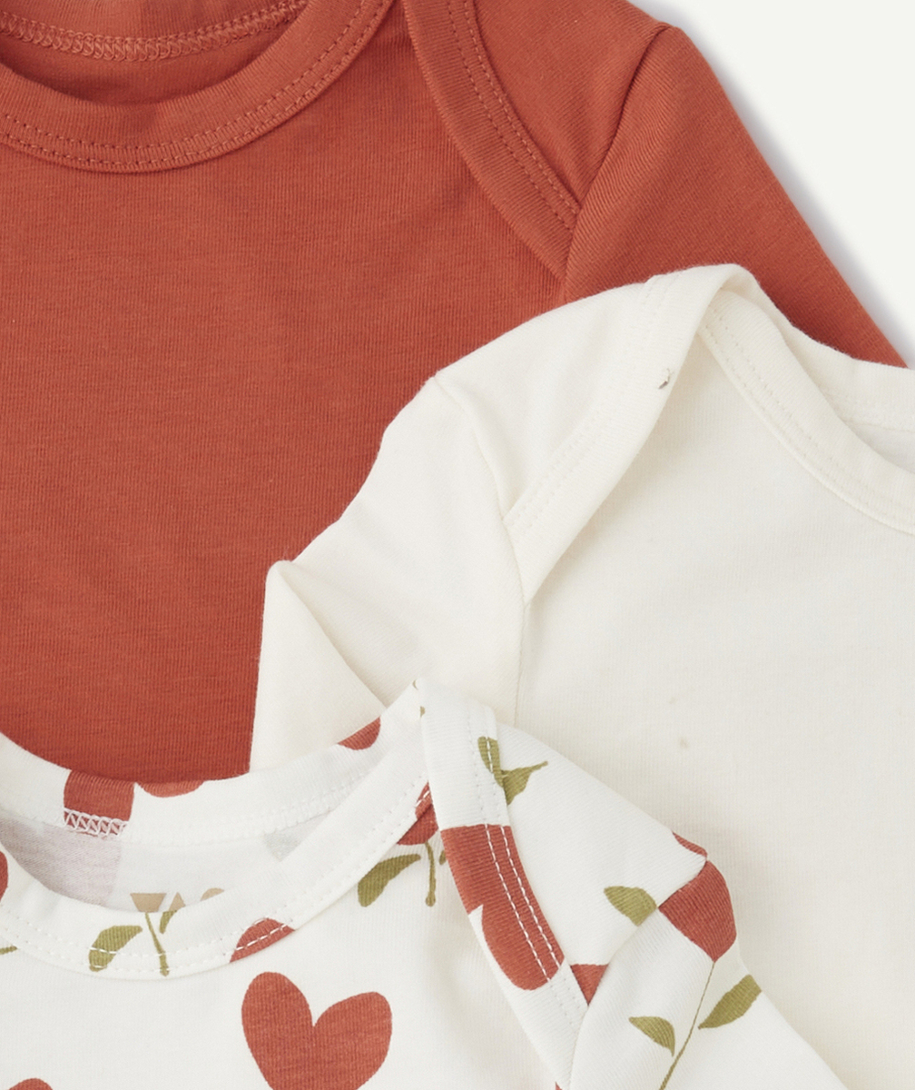 LOT DE 3 BODIES EN COTON BIO ROUILLE ET BLANC AVEC COEURS