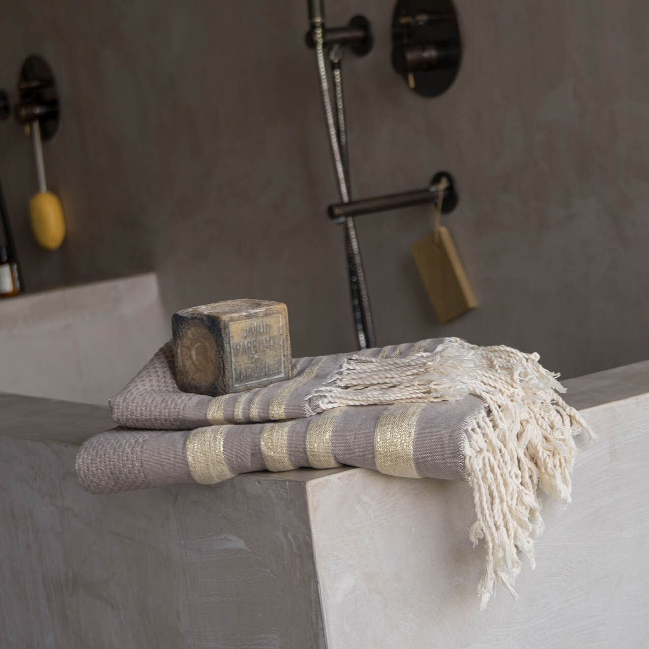 Febronie Set de salle de bain Lurex Hamptons taupe clair/doré - 3 pièces