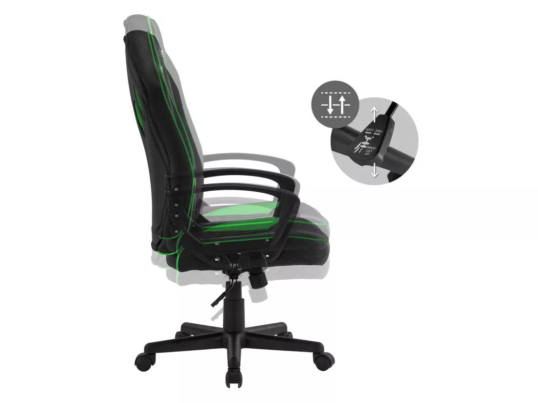 Chaise de gamer avec fonction bascule assise large noir/vert en similicuir ML-Design
