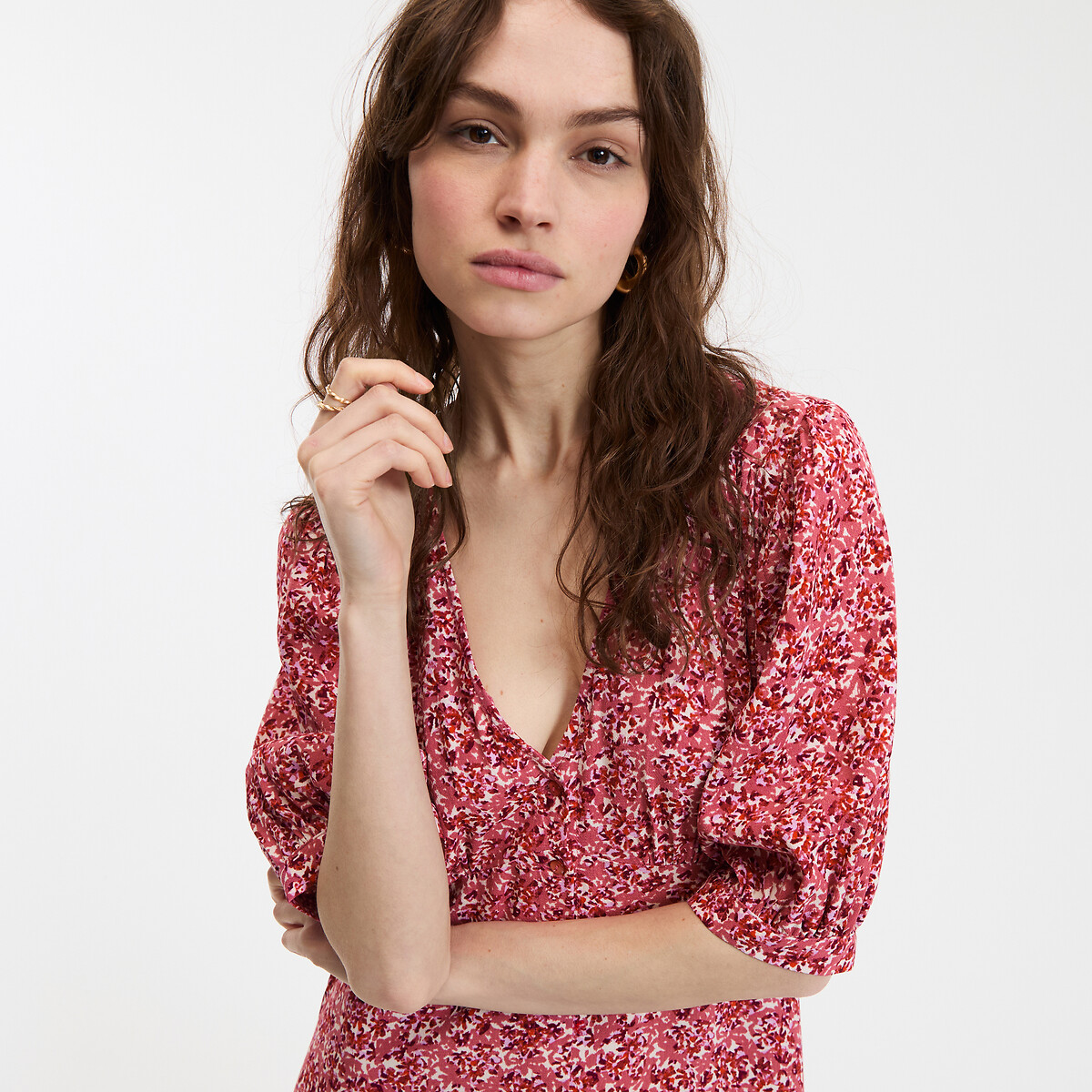 COLEÇÕES LA REDOUTE<br>Vestido longo e fluido com decote em V e estampa floral