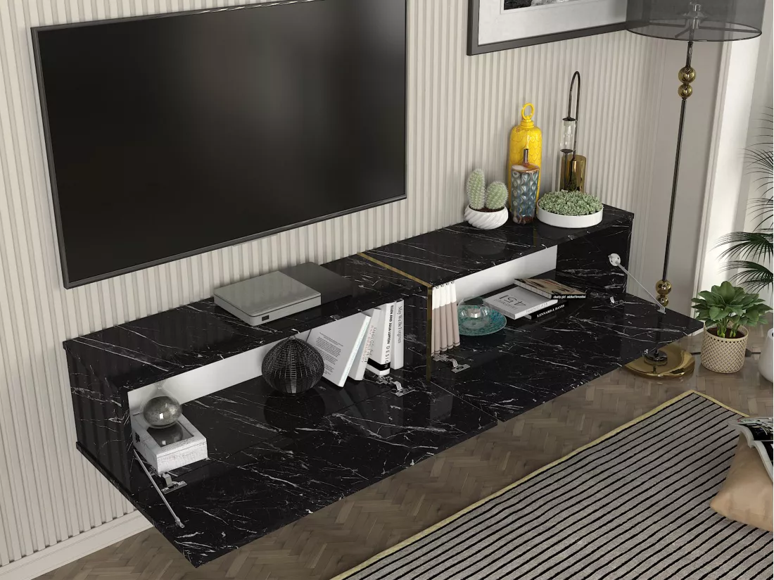 Meuble TV suspendu avec 2 portes - Effet marbre noir - DINOMA