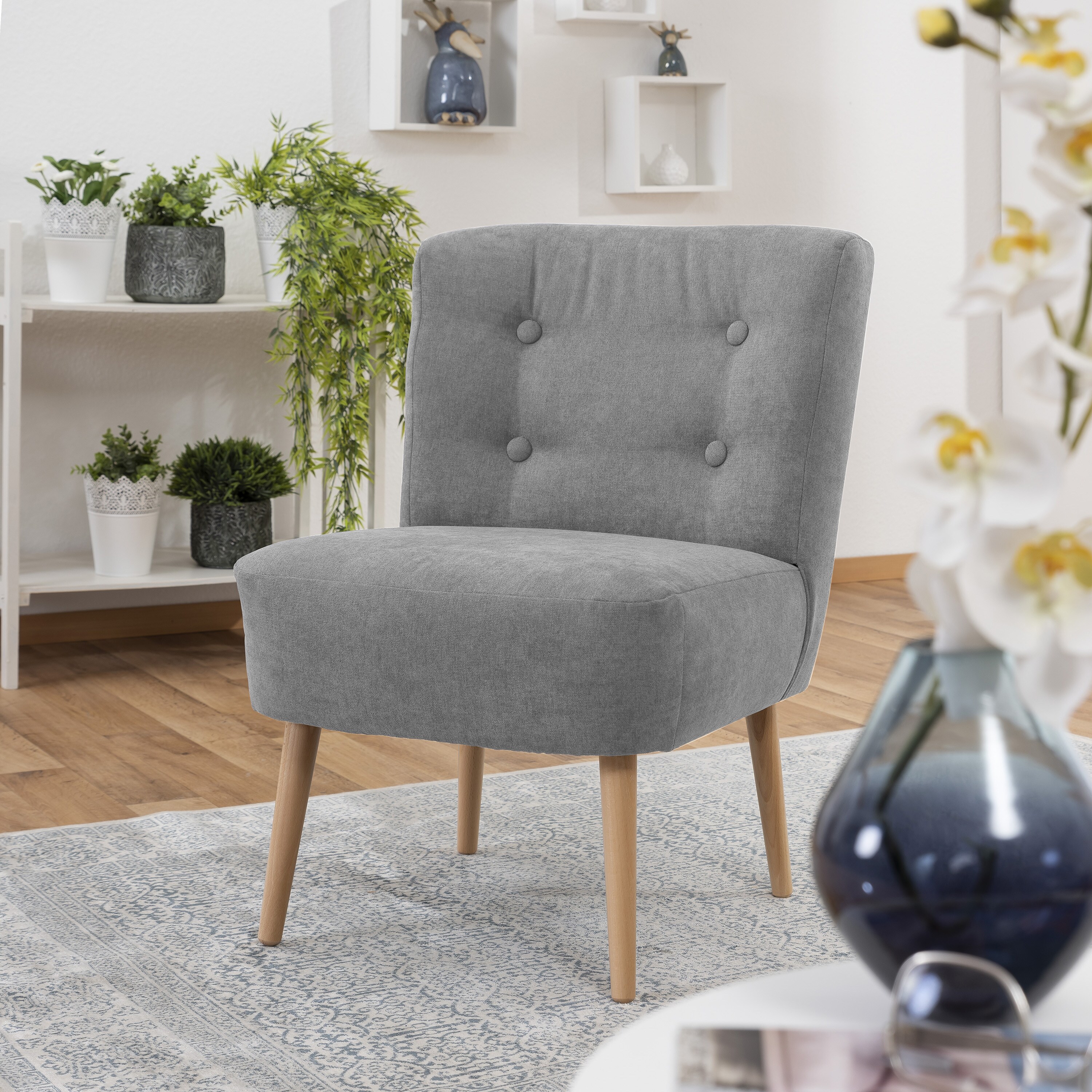 lovingHome® Sessel Fiola Velours hellgrau Polstersessel Stuhl Relaxsessel Füße Buche natur mittlere Sitzhärte