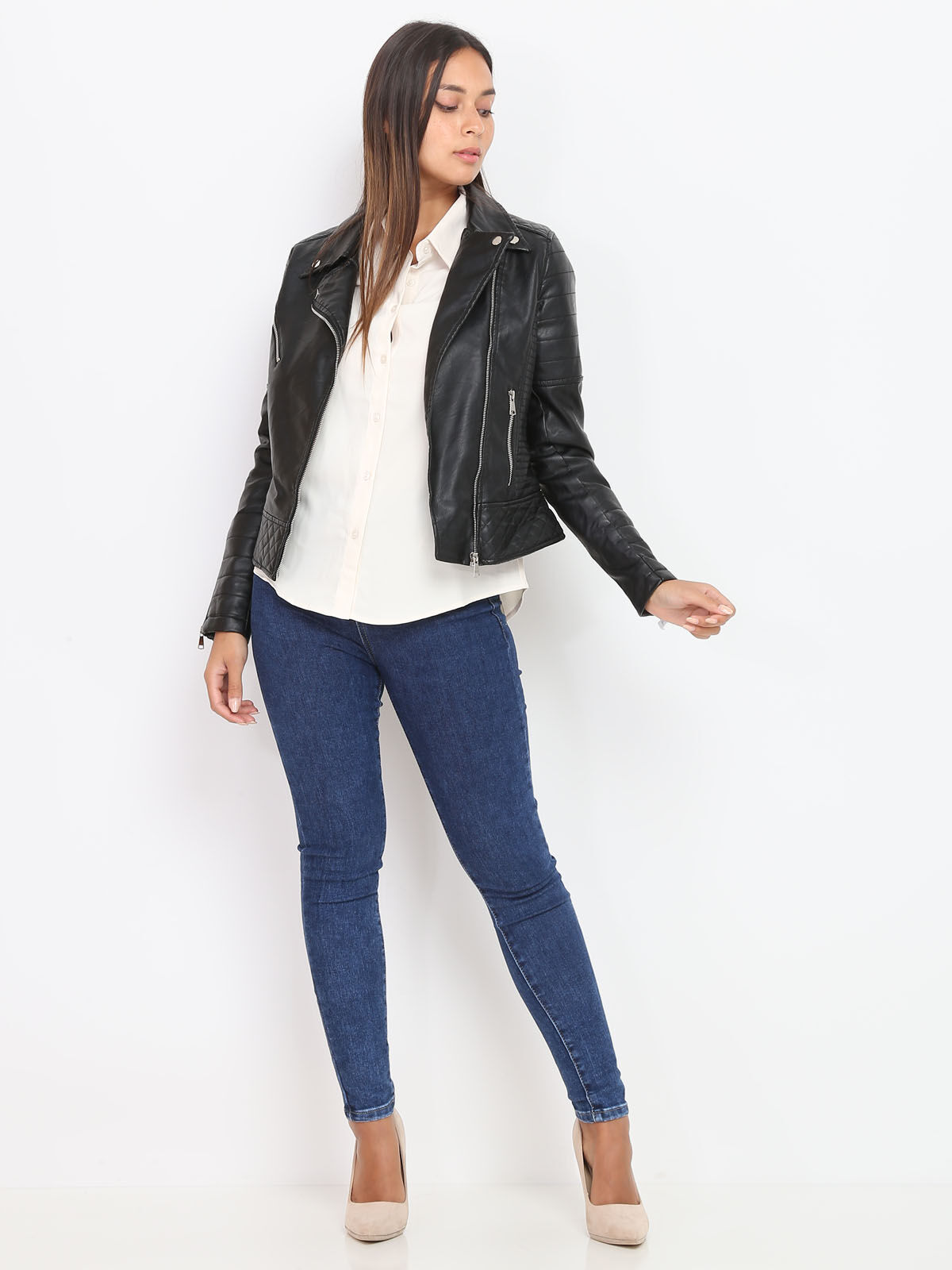 Veste style motard à effet matelassé et zip- Noir