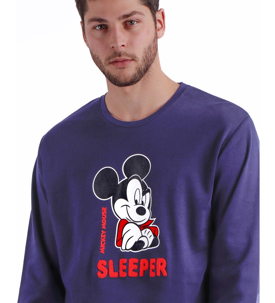 Pijama de manga comprida azul marinho com estampa em ziguezague do Mickey da Disney