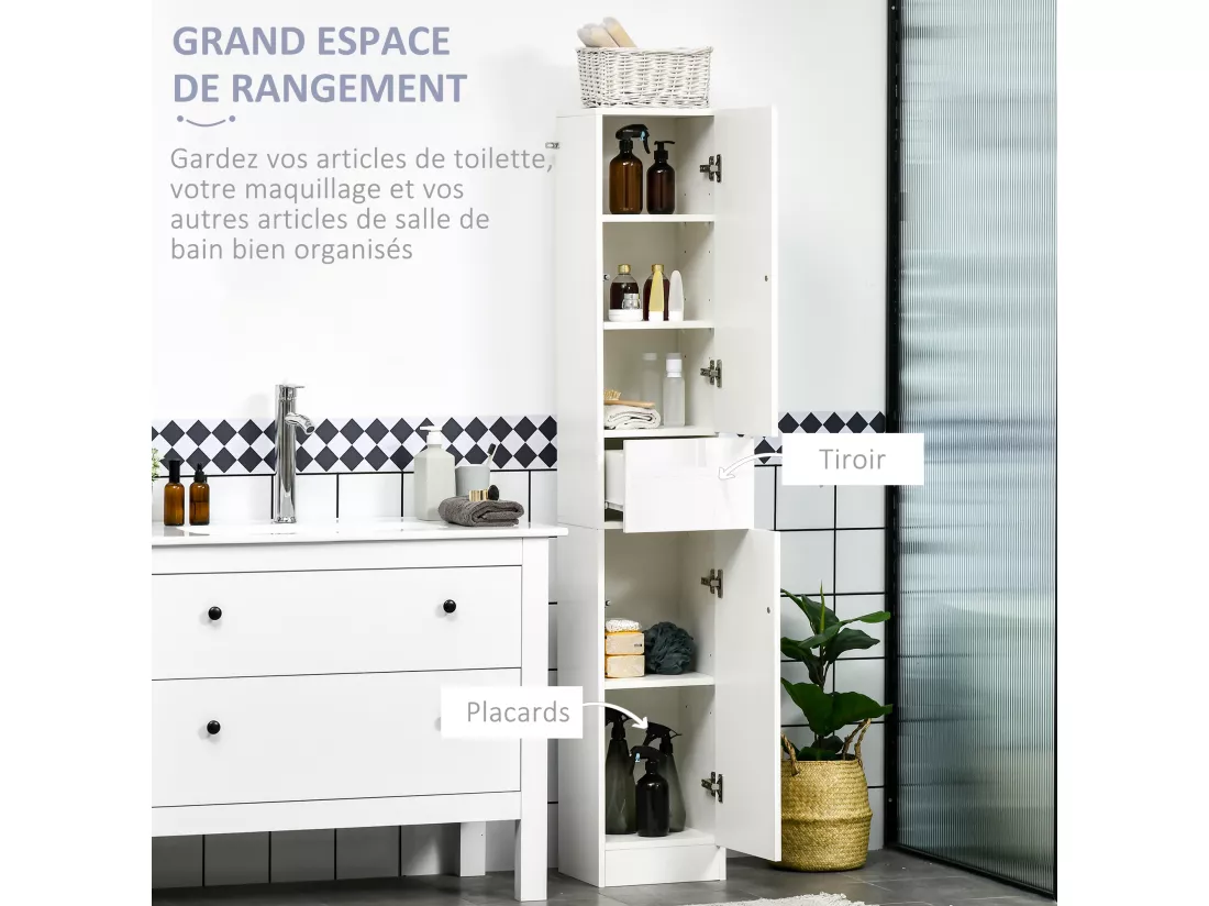 Meuble colonne rangement salle de bain style contemporain façade laquée 2 portes 3 étagères tiroir panneaux MDF blanc