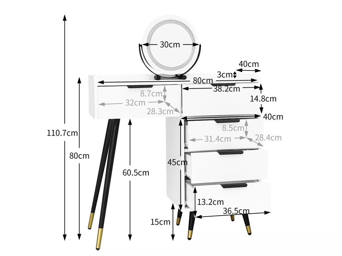 Coiffeuse - 5 tiroirs & miroir à LED réglable - MDF - Blanc (tabouret non inclus)
