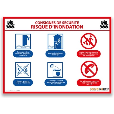 Panneau de consignes de sécurité pour risque d'inondation - A3/A4