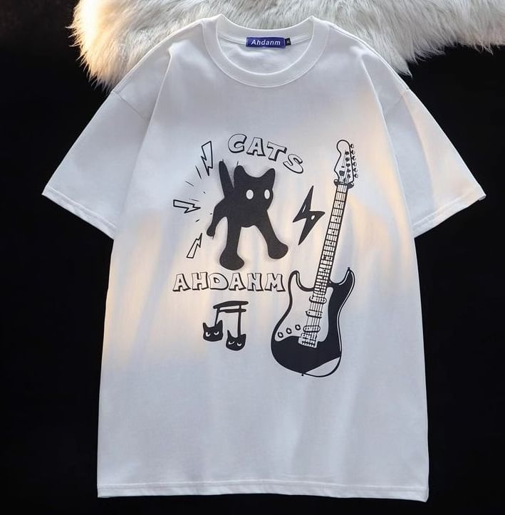Rosesand - Unisex T-shirt met korte mouwen en katten- en letterprint, losvallend