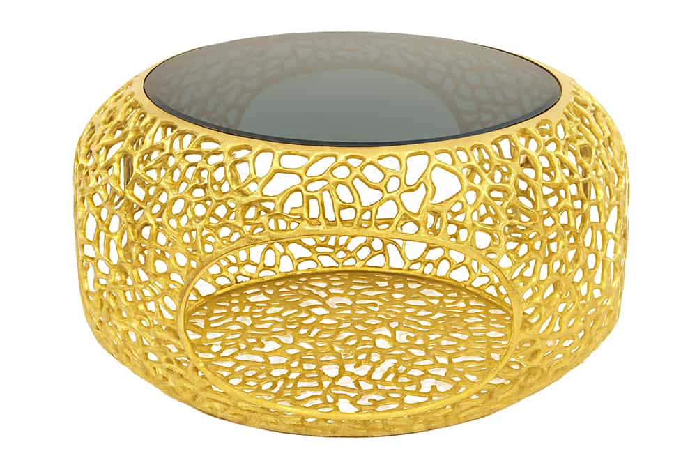 Runder Couchtisch SPIN 75cm gold Schwarzglas Metall mit Stauraum handmade