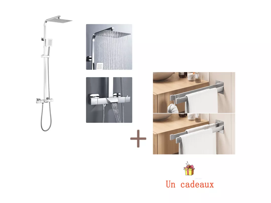 Colonne de Douche Thermostatique Chromée,avec Douche Tête,Pommeau Douche,Mitigeur de Douche Cascade+Porte Serviette Salle Bain Adhésif/Perçage,Brossé