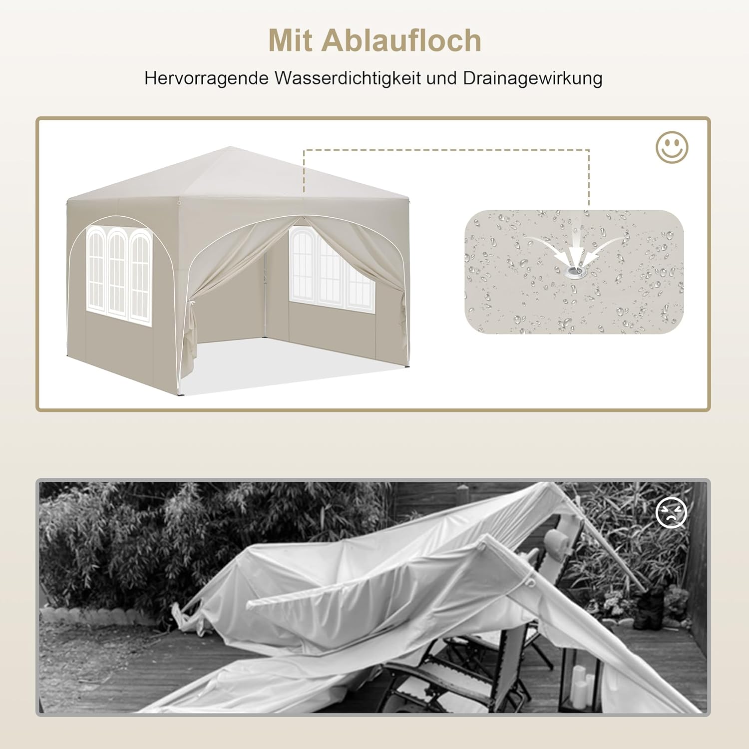 Laneetal Pop-Up Faltpavillon wasserfest Winterfest, Pavillon 3x3 m faltbar, Grillpavillon stabil, Gartenpavillon mit Seitenwänden Fenstern Tasche, für Camping Strand Garten, Beige
