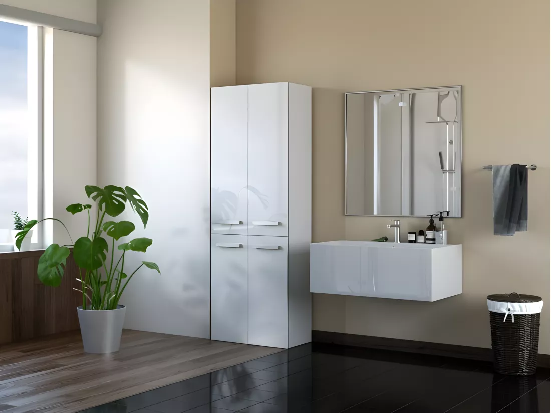 ELLOS | Armoire de salle de bain avec deux paniers | Poignées minimalistes | Dimensions : 174x60x30 | Colonne de rangement