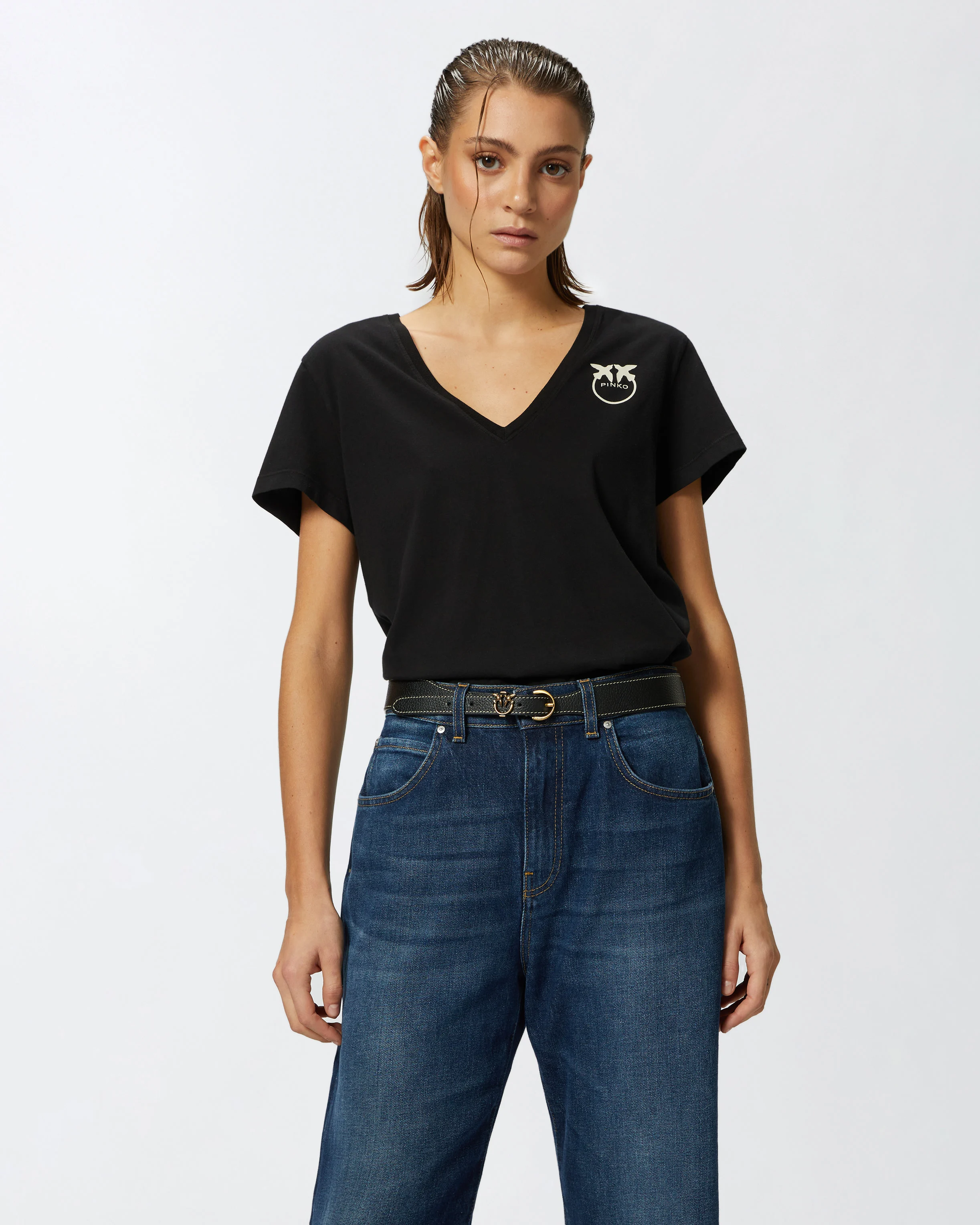 T-shirt col v à logo imprimé | Noir