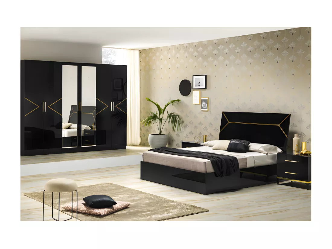 Chambre complète 140x190 Noir brillant/Or - LADABI