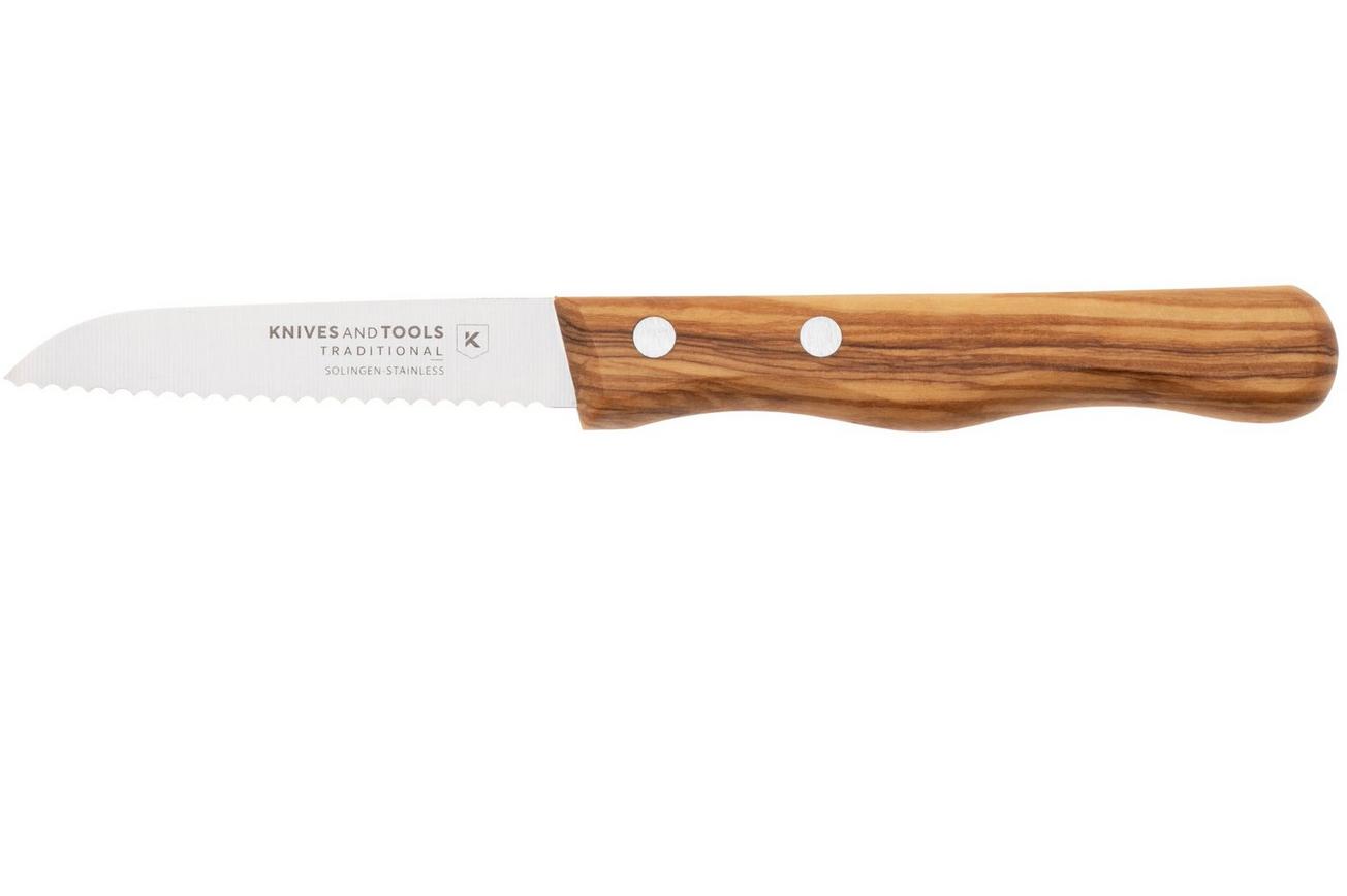 Knivesandtools Traditional Serrated Paring Knife, roestvast staal, olijfhout, gekarteld universeelmes