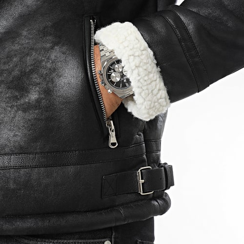 Veste Biker Col Mouton Noir