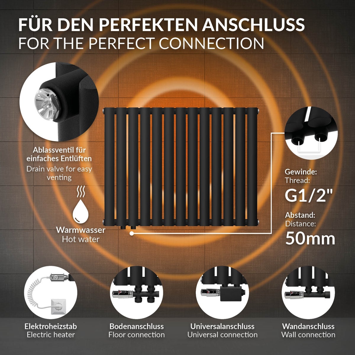 LuxeBath Paneelradiator, Enkellaags, 600x780 mm, Matzwart, Horizontale radiator met ovale buizen, Design badkamerradiator met zijaansluiting, Verwarming woonkamer/badkamer, Design buisradiator