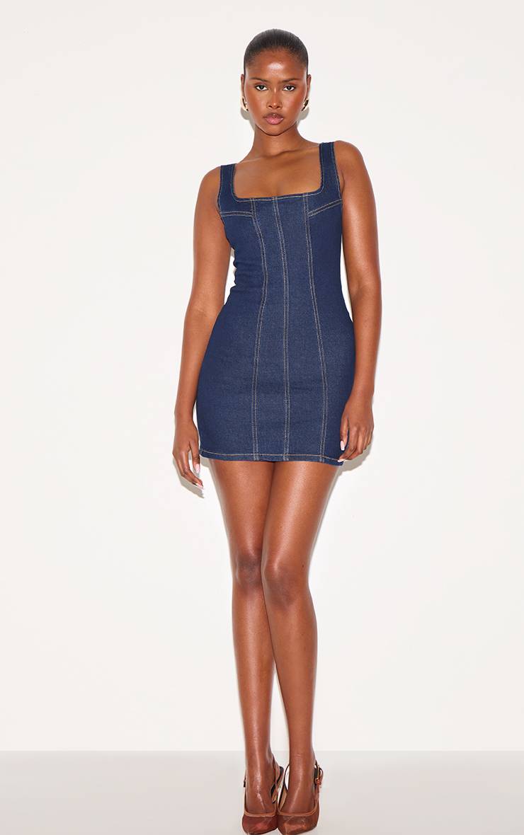 Bleu Indigo Robe Courte À Détails De Coutures