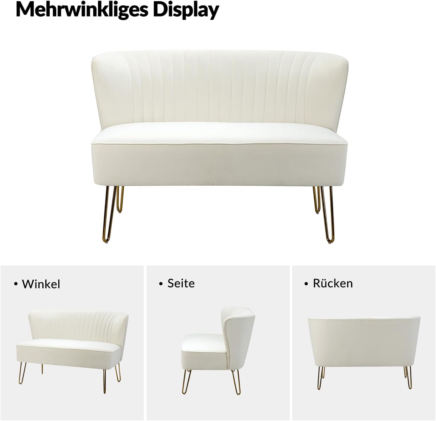 HULALA HOME Sofa 2 Sitzer Lounge Sofa Klein für Jugendzimmer Wohnzimmer Couch aus Samt mit goldenen Metallbeinen für Schlafzimmer, 114 x 74 x 79 cm, Weiß