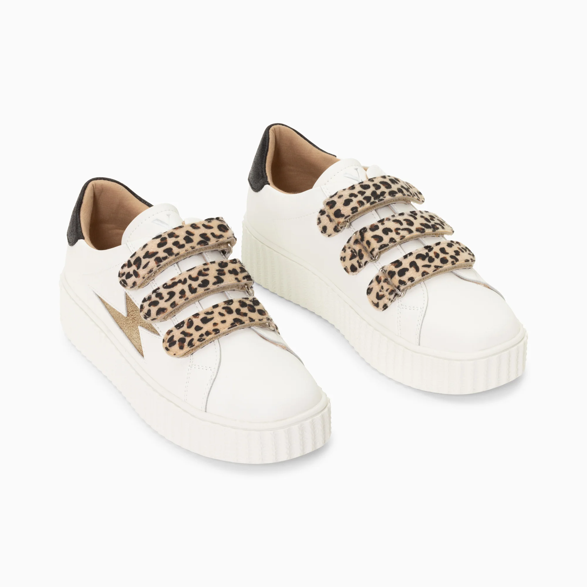 Sneakers-Baskets éclair Maggie blanc et or à scratchs léopard
