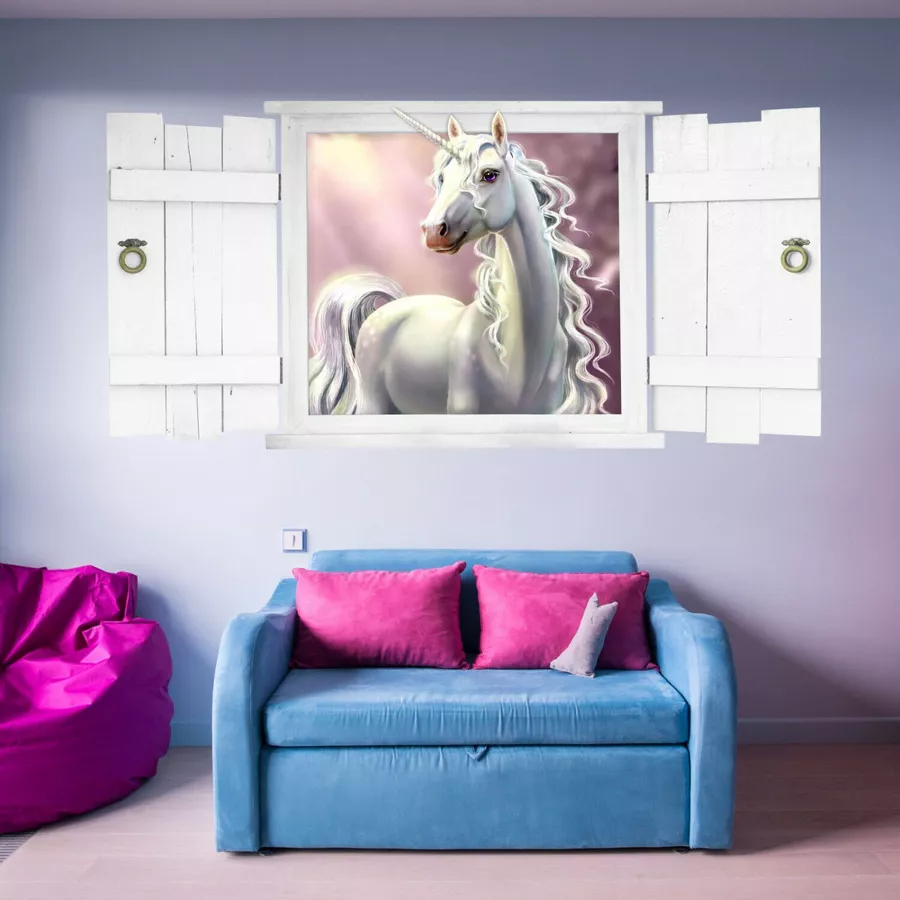 Nikima Wandtattoo 211 Einhorn im Fenster mit weißen Fensterläden in 6 vers. Größen lila