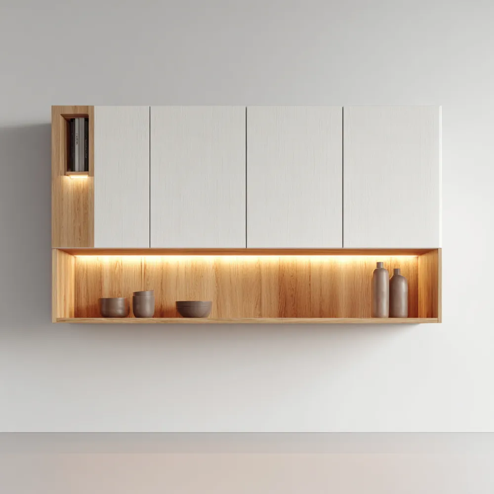 Moderner Wandschrank 100x25x50 cm – Weiß/Eiche mit LED-Beleuchtung