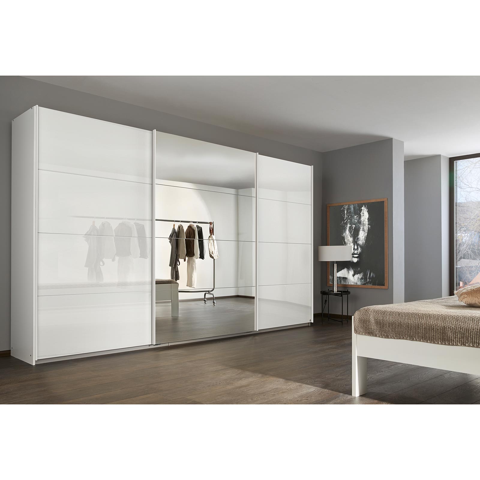 Schwebetürenschrank - weiß Hochglanz - mit Spiegel - 360x210 cm