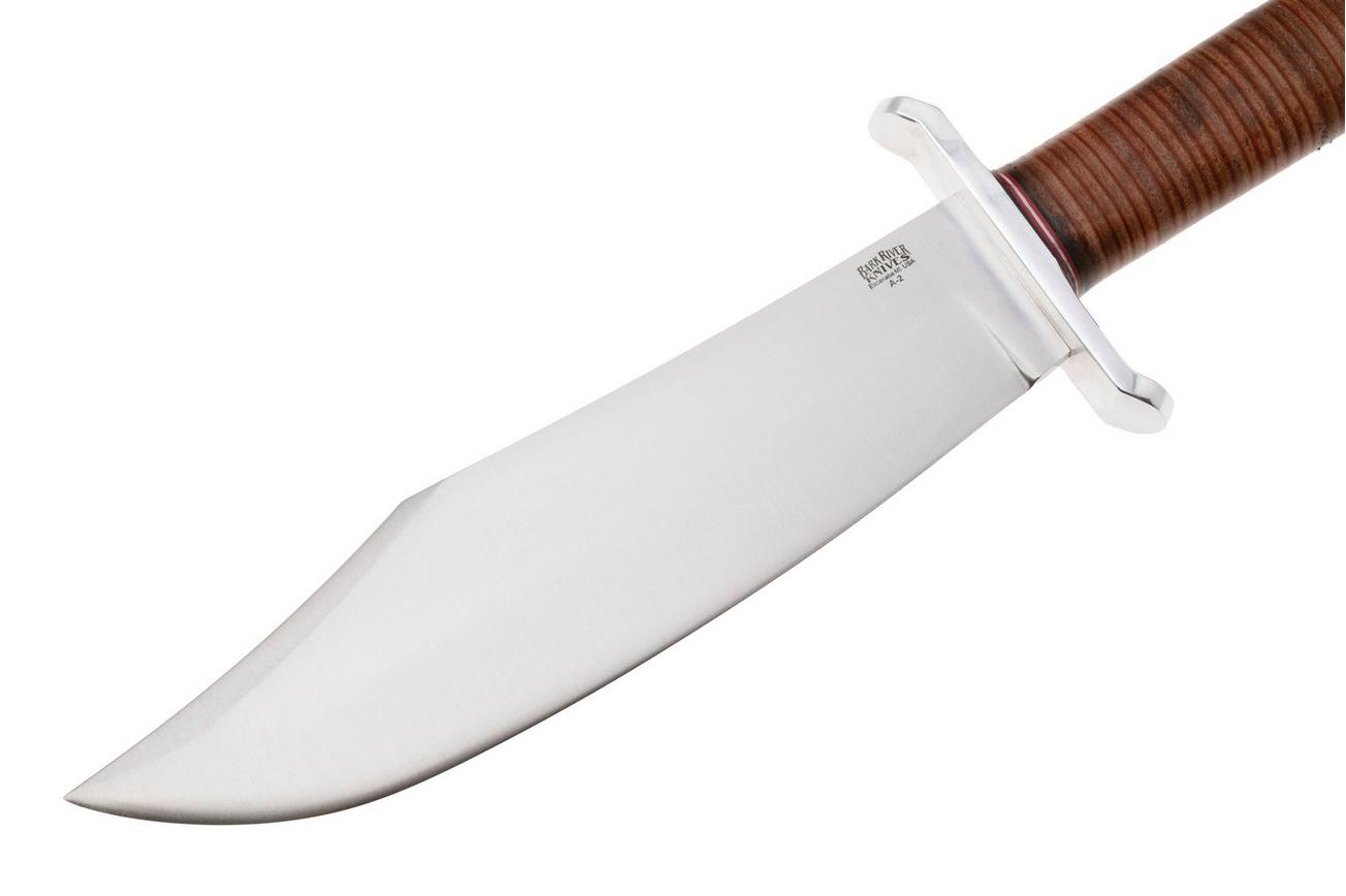 Bark River V-44 Bowie A2 Stacked Leather, Brass Double Quillion, bowie-mes
