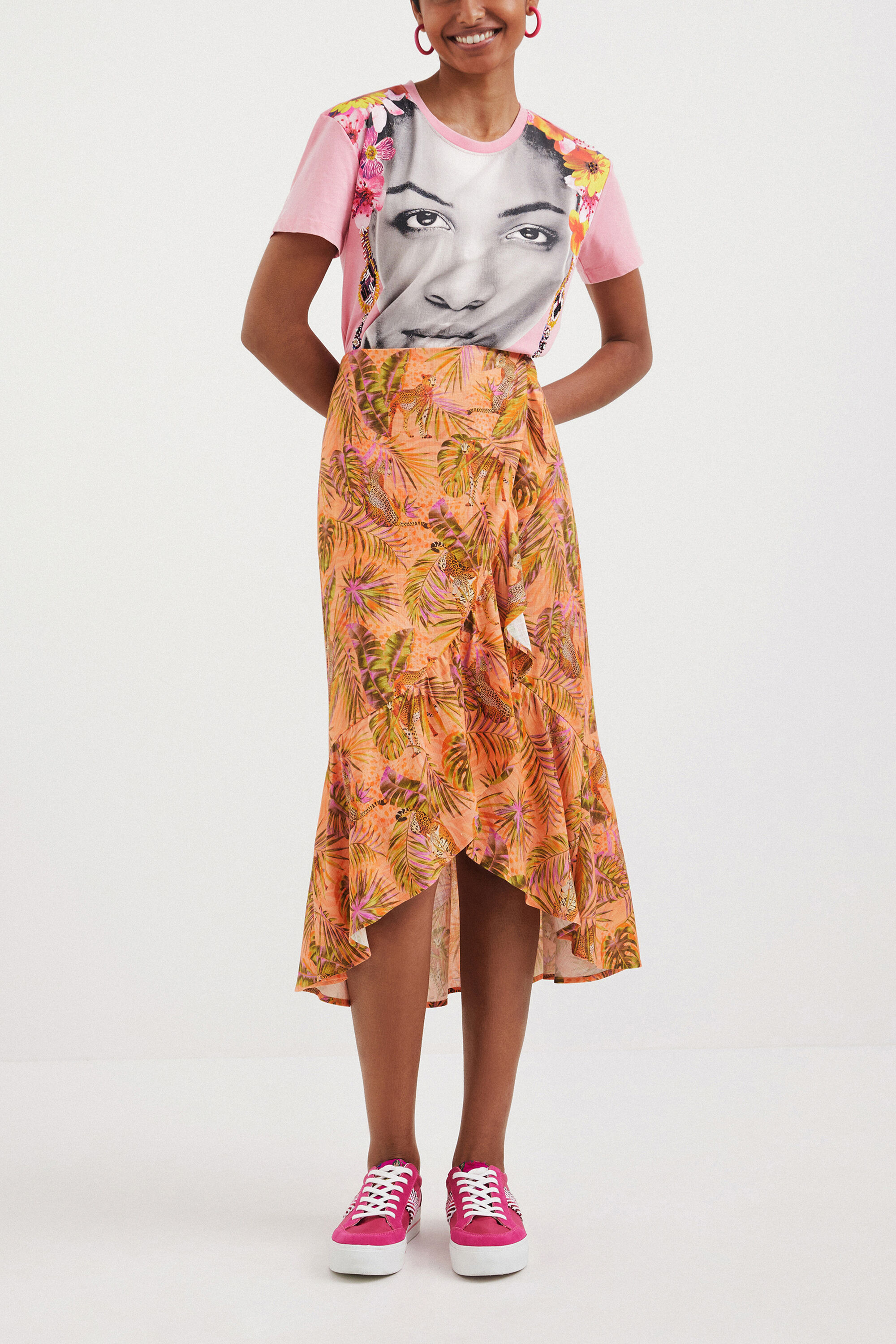 Jupe midi tropicale à volants