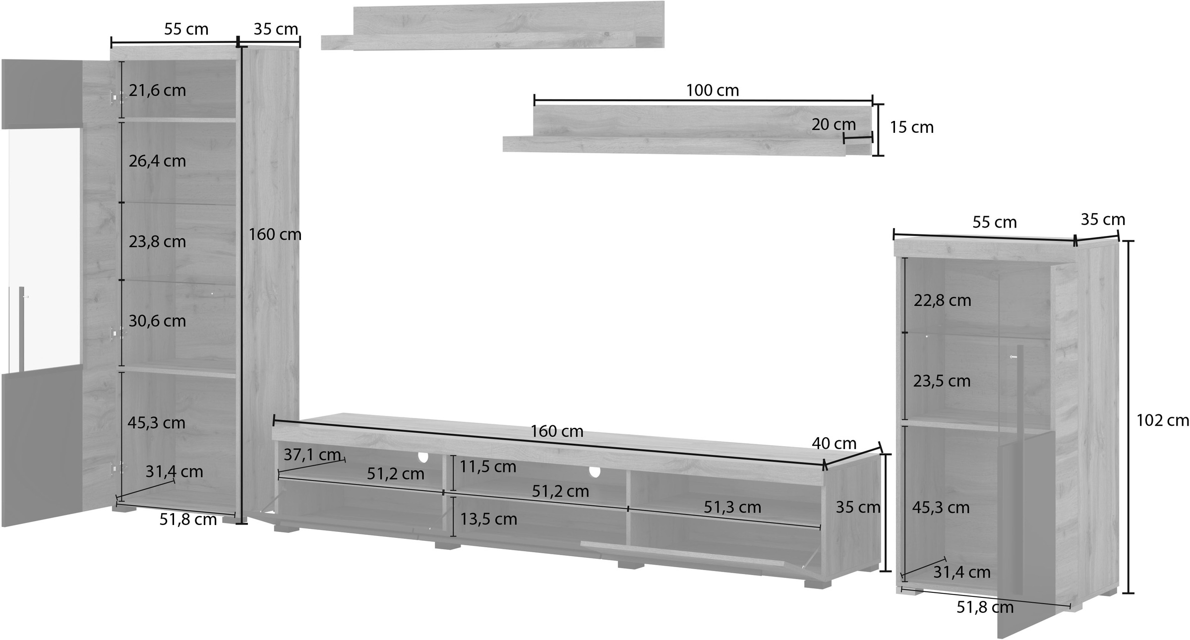 INOSIGN Wohnwand »Roger,Breite 270 cm moderne Mediawand ohne Beleuchtung« Set, 5 Stk. tlg.