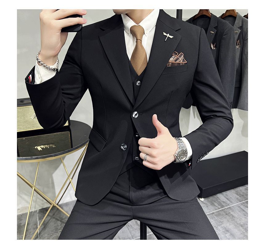 Deepwood - Set: effen enkelrijs blazer + vest + rechte pantalon