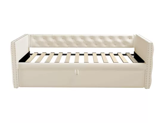 Lit gigogne Lit adulte Lit banquette 90 x 200 avec Sommier à lattes Lit d'invité Velours Beige