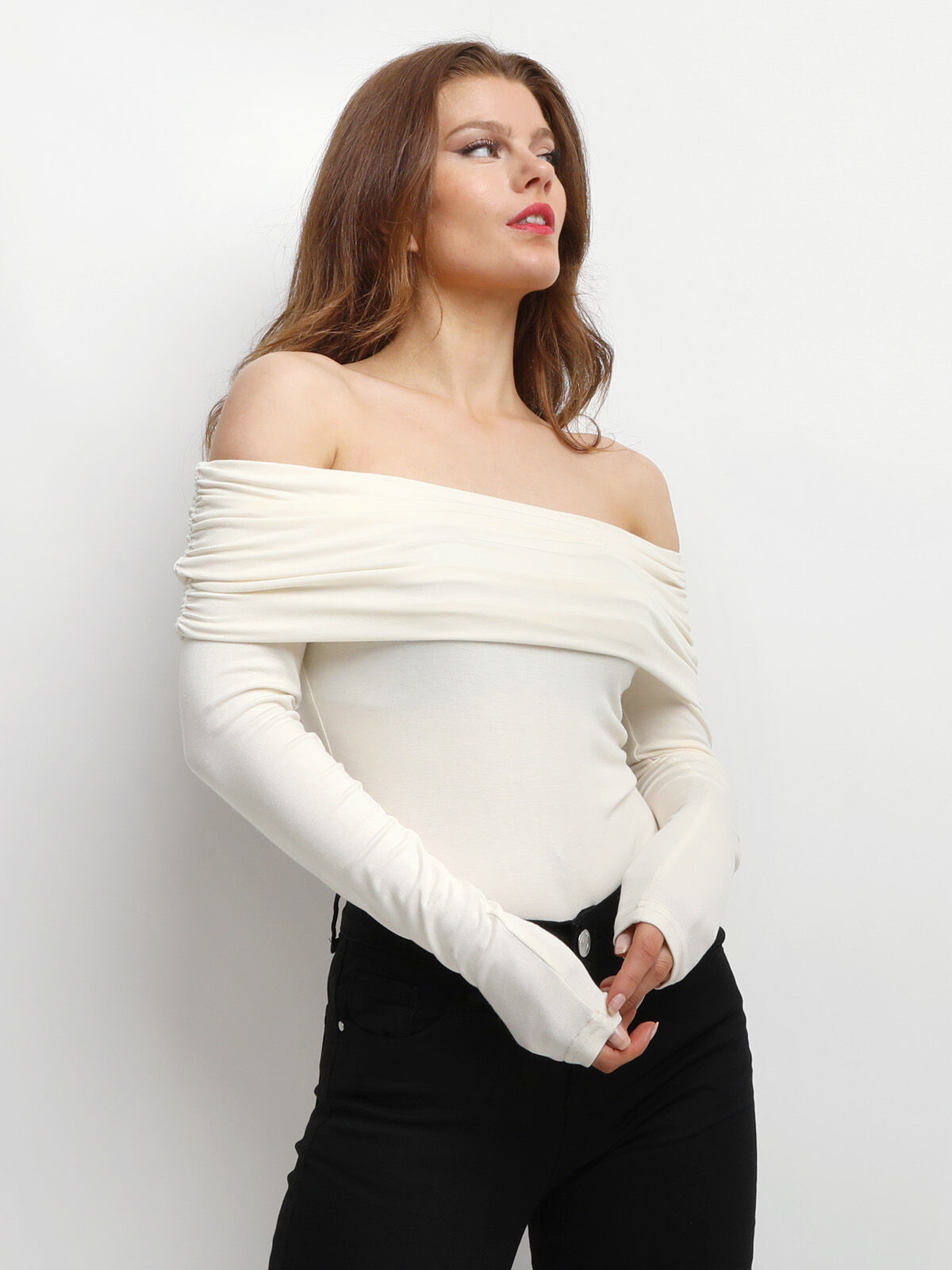 Body à col bardot et fronces- Beige