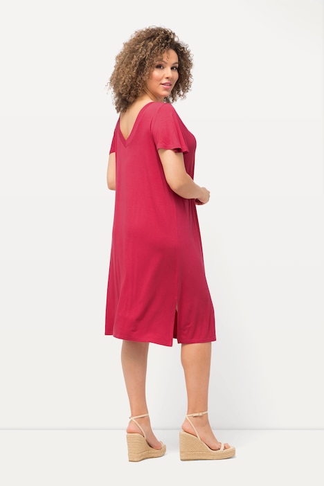 Jersey-Midikleid, A-Linie, V-Ausschnitt, Cup-Ärmel
