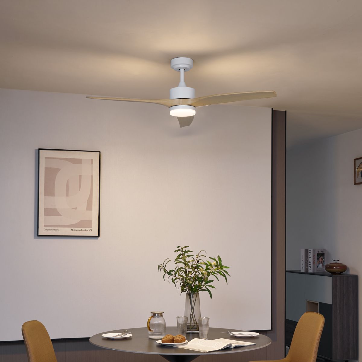 Smart plafondventilator wit met hout print 132cm incl. LED dimbaar met afstandsbediening - Joly