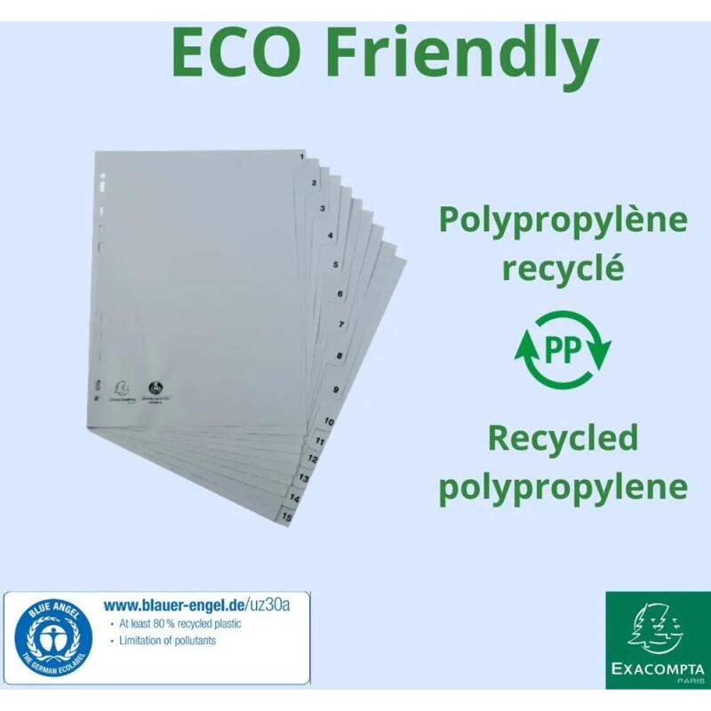 Intercalaires imprimés numériques PP recyclé gris - 15 positions - A4 - Gris