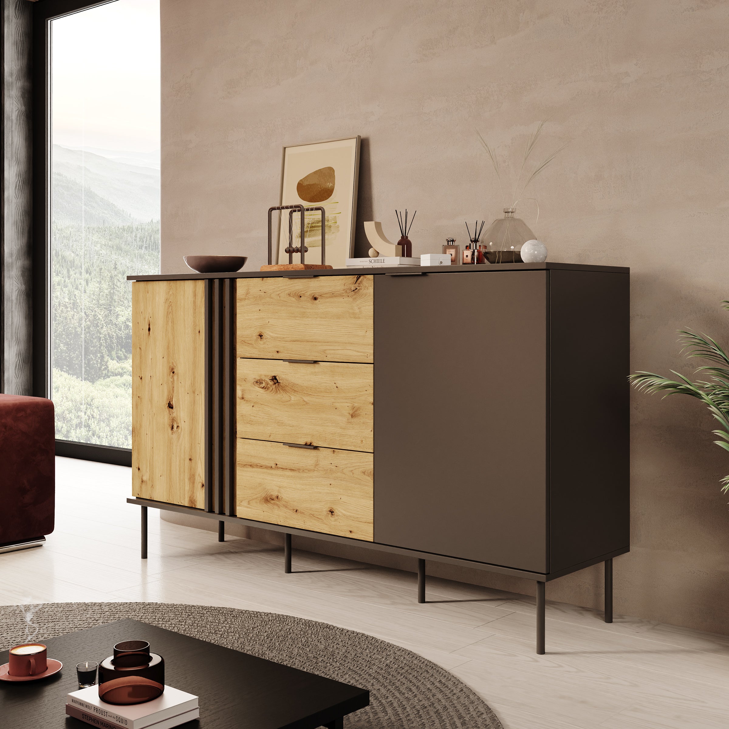 Meubella - Rogan - Dressoir - Zwart - 160x40x92 cm