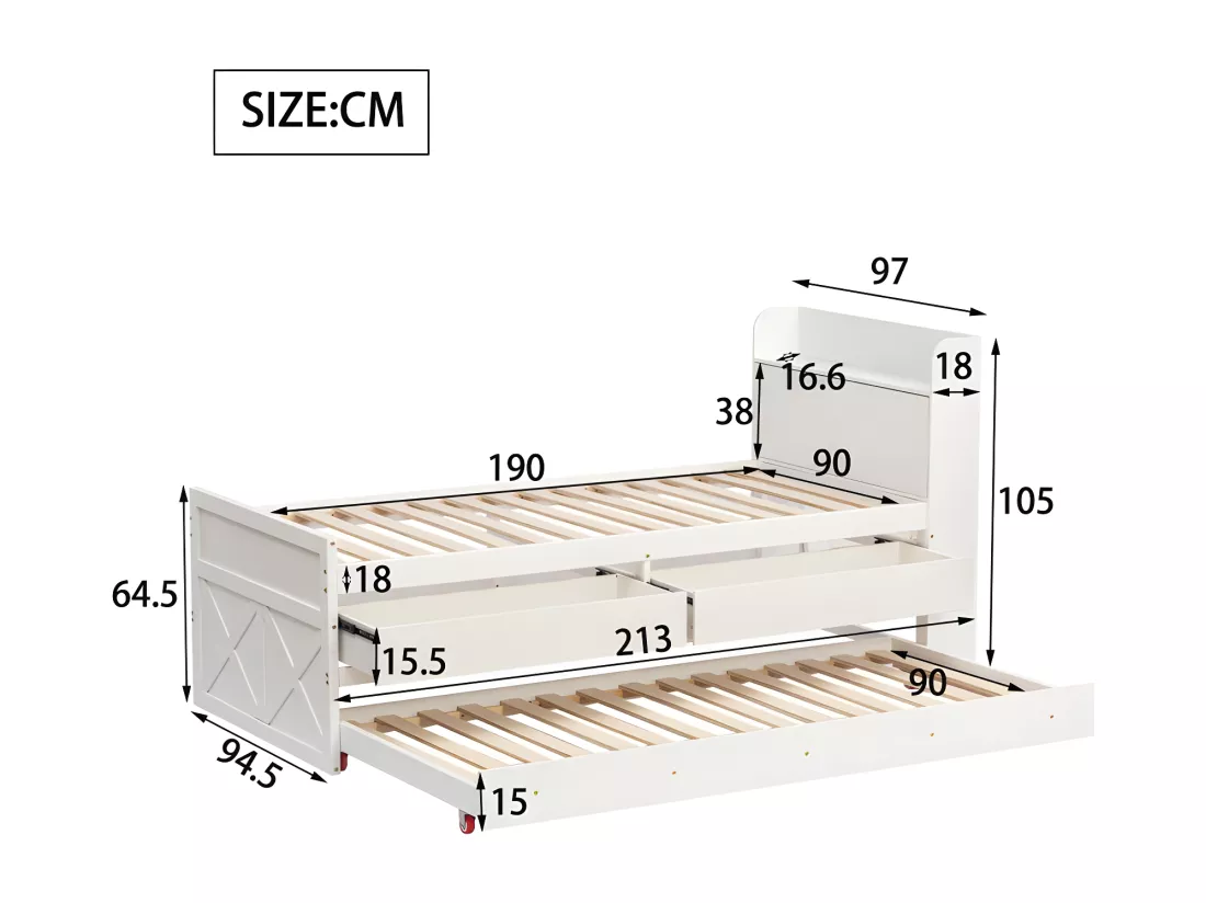 Lit gigogne en bois massif - 90x190cm - avec 2 tiroirs et Port de charge USB sur l'étagère - Blanc