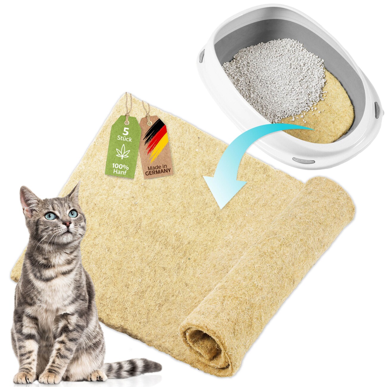 Rohrschneider CleanCat Hanfmatte 5 mm stark als Katzenstreu-Ersatz, zuschneidbar, geruchsneutralisierend 5